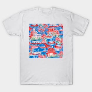 Pagodas, lake and sail boats in blue and red T-Shirt